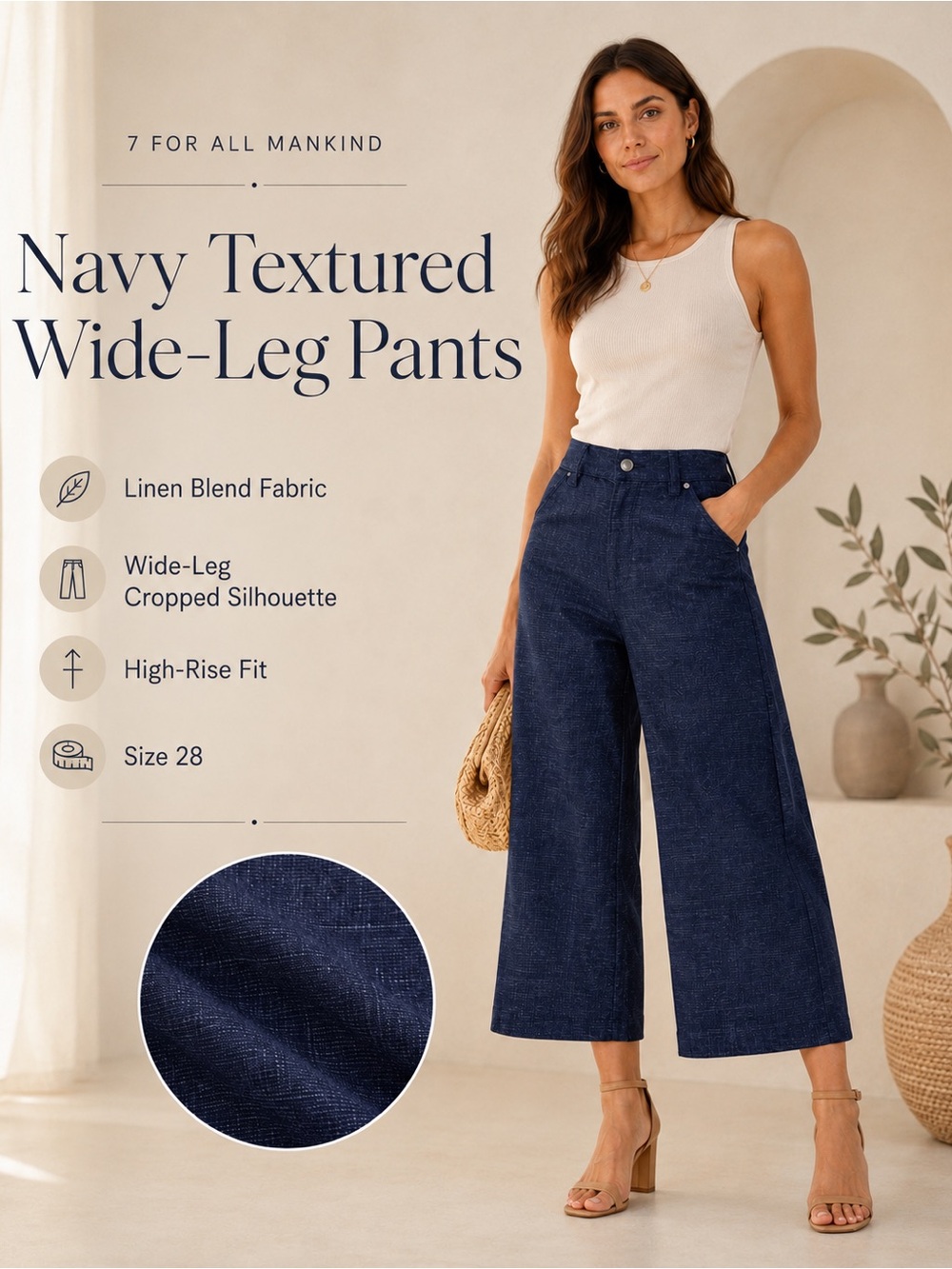 NWT 7 For All Mankind Culotte Pants SZ 28 Navy Textured Linen Wide Leg High Rise